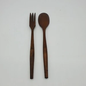 Vintage Mid Century Modern Wooden Salad Serving Set Fork Spoon - Picture 1 of 5