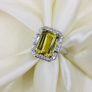 3 Ct Emerald Cut Simulated Green Peridot Engagement Ring 14K White Gold Plated