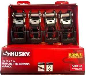 Husky 12 ft. x 1 in. Ratchet Tie-Down Straps with S-Hook (4-Pack)- Fast Shipping - Picture 1 of 8