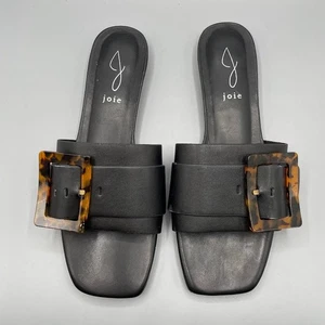 Joie Paige Slides Size 8.5 Black Napa Leather Mules Leopard Buckle Mob Wife Glam - Picture 1 of 10
