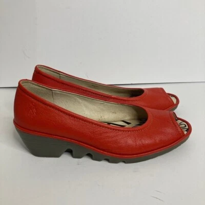 Fly London Shoes Womens 40 9 9.5 Orange Red Leather Peep Toe Wedge Heels — 第 1/4 张图片