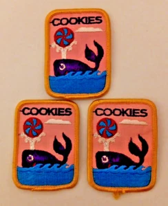 3 Vintage '80s Girl Scout Cookies Purple Whale Iron on Patch with Ball 2x2-3/4in - Picture 1 of 6