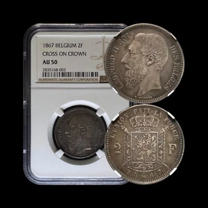 BELGIUM. 1867, 2 Francs, Silver - NGC AU50 - Leopold II, Cross on Crown - Picture 1 of 6