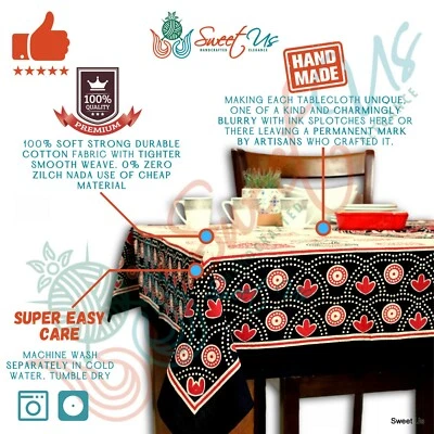 Cotton Geometric Tablecloth Rectangle Red Black Beige Kitchen Dining Linen - Image 1 of 4