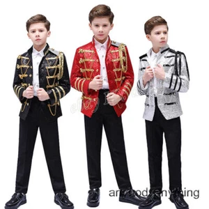 Kids Boys Shiny Sequin Chains Blazer Jacket Coat Party Hussar Uniform Army Style - Picture 1 of 18