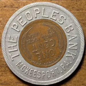1924 McKeesport, Pennsylvania PA The Peoples Bank Cent Penny Token - Imagen 1 de 4