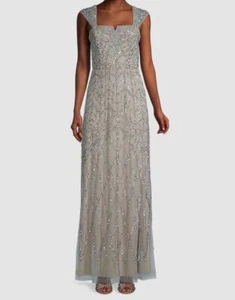 $550 Aidan By Aidan Mattox Women's Blue Beaded Cap Sleeve Gown Dress Size 14 - Picture 1 of 4