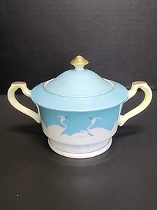 Chikaramachi Sugar Bowl Baby Blue White Crane Bird Japan Hand Painted China Gold - Picture 1 of 23