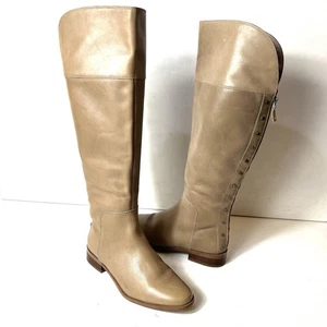 Franco Sarto Knee High Womens 7M Riding Boot Beige Leather Casual Zip Up Studded - Picture 1 of 9
