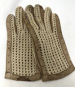 Guanti da guida vintage in pelle e uncinetto (taglia stimata 7,5) - Foto 1 di 6