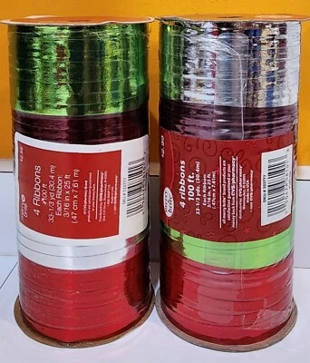 2 Vtg 4 Color Shiny Curling Ribbon 100' ea Red Wine Silver & YellowGreen USA - Image 1 of 3