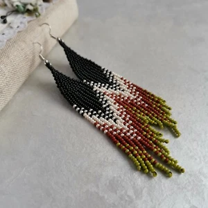 Handmade seed bead earrings Long Fringe Dangle Chandelier Beadwork women gift - Picture 1 of 7