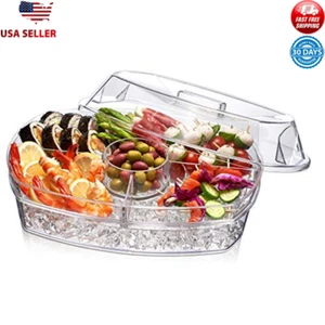 Ice Party Platter Serving Tray W/ Lid 4 Compartment Appetizer Chiller 15.5x11x6 - Picture 1 of 8