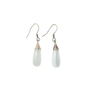 Elegante weiße Katzenauge Träne Ohrhänger massiv Sterling Silber 925 Haken - Bild 1 von 2