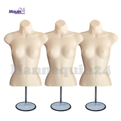 3 PACK TORSO DRESS FORM MANNEQUIN FEMALE FLESH  3 METAL STANDS + 3 HANGERS  - Image 1 of 4
