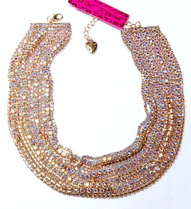 Glamor GOLD Multi Chain AB RHINESTONE Choker Betsey Johnson Statement Necklace - Picture 1 of 14