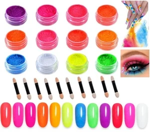 12 Colours Set Neon Pigment Nail Art Powder Dust Ombre Smoky Florescent Rainbow - Picture 1 of 6
