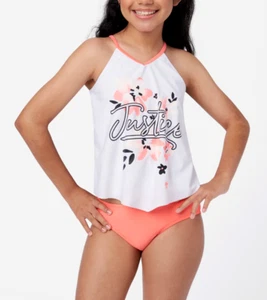 JUSTICE Girls Swimsuit Tankini Floral Black Coral Pink Bikini 5 6 7 8 12 14 Logo - Picture 1 of 4