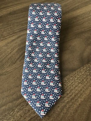 Vineyard Vines Blue Santa Whale Christmas Silk Neck Tie Skinny 50” Long - Image 1 of 2