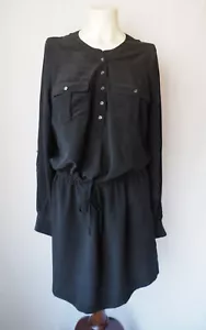 Joie Silk Blouson Shirt Dress Cinched Drawstring Waist Roll Tab Sleeve Black M - Picture 1 of 7