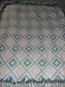 Aztec Fleece Handmade Soft Tie Blanket OVERSIZED BABY Throw App 50X60 pink gray - Picture 1 of 4