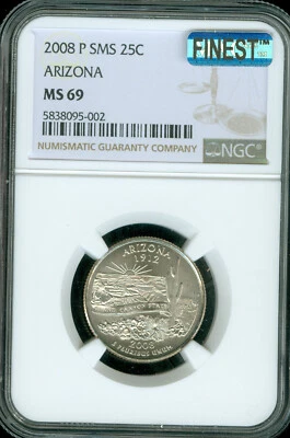 2008 P ARIZONA QUARTER NGC MS69 SMS PQ MAC FINEST GRADE SPOTLESS POP 18* - Image 1 of 2