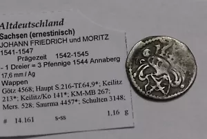 🧠🇩🇪 GERMANY SAXONY DREIER 3 PFENNIG 1544 SILVER ANNABERG B79 #6194 - Picture 1 of 2