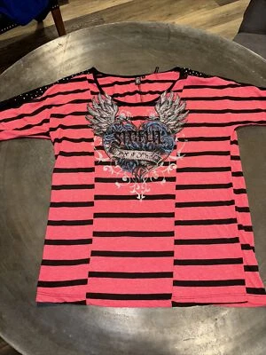 Sinful By Affliction Love & Pride Long Shirt Black Lace Sleeves Women’s Large - Image 1 of 4