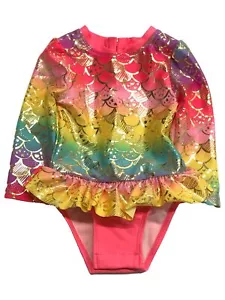 Infant Girls 1 Piece Metallic Rainbow Pink Mermaid Rash Guard Swim Suit - Picture 1 of 2