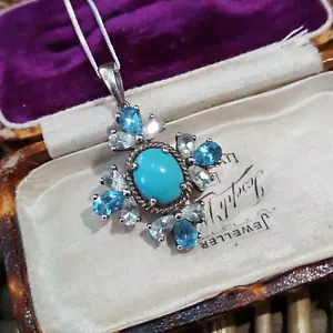 925 Sterling Silver Necklace, Natural Turquoise, Topaz And Aquamarine Pendant - Picture 1 of 8