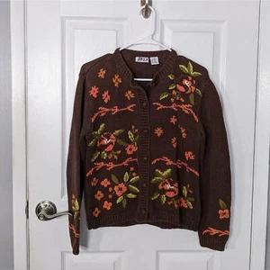 Vintage David Loren Chocolate Brown Floral Embroidered Button Up Cardigan Size S - Picture 1 of 9