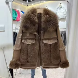 Winter Korean Real Fox Fur Biker Coat Women's Suede Leather Warm Real Fur Coat - Picture 1 of 19
