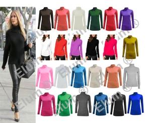 LADIES LONG SLEEVE POLO NECK ROLL NECK TOP WOMENS TURTLE NECK PLAIN JUMPER 8-26 - Picture 1 of 21