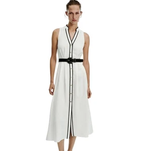 ZARA Sleeveless White Midi Dress Black Trim Button Front Shirt Dress XS - Picture 1 of 8