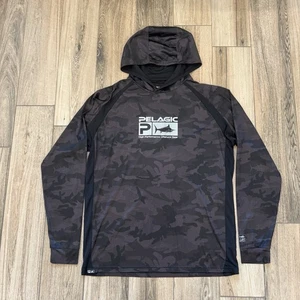 PELAGIC Vaportech Black Camo Performance Vented Fishing Hoodie Shirt 50+ UPF - L - Picture 1 of 8