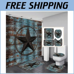 4PCS Rustic Western Texas Star Shower Curtain Set with Non-Slip Bath Mats - Picture 1 of 10
