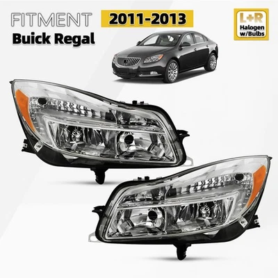 For 2011 2012 2013 Buick Regal Halogen w/ Bulb Headlight Chrome Left+Right Pair - Image 1 of 4