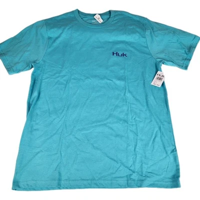 HUK Palm Truckin Pursuit Teal Blue Short Sleeve Shirt Size Medium Men's Graphic - Image 1 of 4