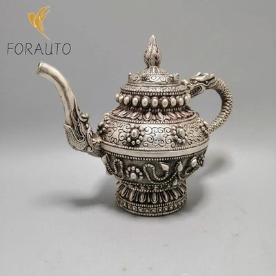 Tetera estatua cabeza de dragón perla incrustación plateada cobre chino 13*14 cm Foto 1 de 4