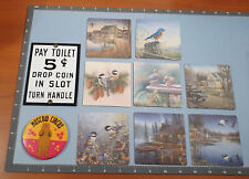 LOT Vintage Repro. 5 Cent Toilet Metal Signage Circus Pinback Bird Coasters L164