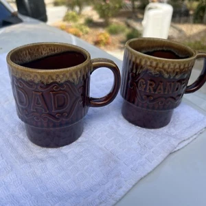 Pair Vintage Drip Glaze Brown Stacking Coffee 2 Mug “Grandpa” “Dad” Japan 8 Oz - Picture 1 of 13
