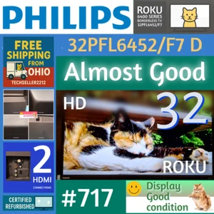Philips 32" HD(720P Smart Roku Borderless LED TV 32PFL6452/F7D with Remote/Stand - Picture 1 of 20