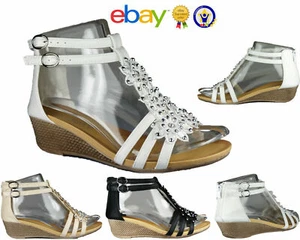 NEW WOMEN'S STRAPPY SUMMER BEACH EVENING LOW MID HEEL WEDGE SANDALS SHOES SIZE - Picture 1 of 15