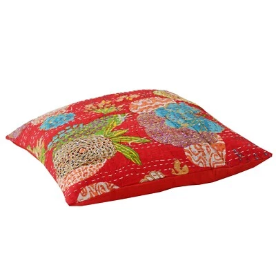 Sanskriti New Pure Cotton Red Sets Of 2 Cushion Case Sham Handmade Kantha Decor - Image 1 of 4