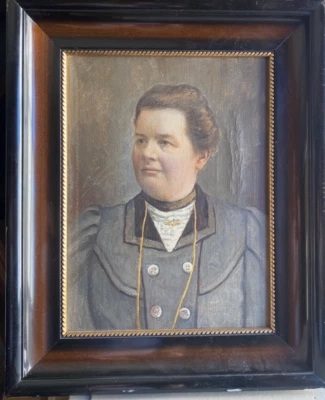 Pintura a óleo retrato senhora em estilo tradicional com corrente e trança Biedermeier - Imagem 1 de 4