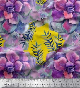 Soimoi Yellow Cotton Poplin Fabric Leaves & Begonia Floral Printed-Ase