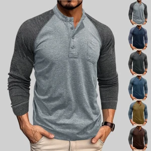 Mens Long Sleeve Henley Raglan T Shirt Grandad Neck Contrast T-Shirt New Top UK - Picture 1 of 27