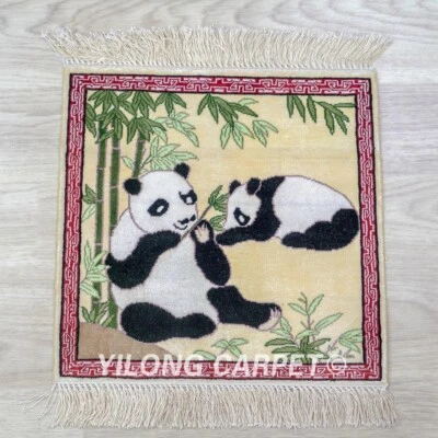 1x1ft Panda Tapestry Villa Hand Knotted Area Rug Mini Silk Carpet 020H - Image 1 of 4