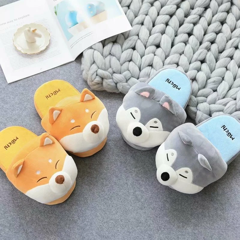 Zapatillas de algodón hogar dormitorio interior zapatos cálidos Husky Shiba Inu felpa mujeres niños Foto 1 de 4
