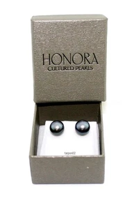 PENDIENTES HONORA Perla Negra (Gris Oscuro) Plata de Ley 9 mm Nuevos en Caja 🎁 - Imagen 1 de 6